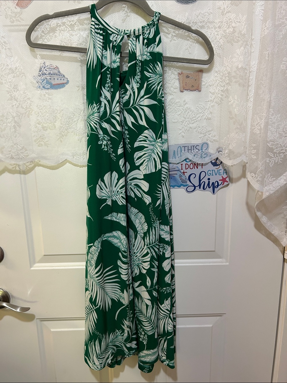 Tahari Green and White Tropical Halter Maxi Dress